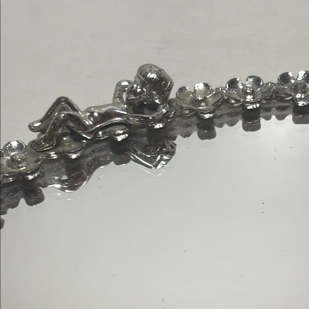 Elegant Silver Vanity Oval Mirror Tray with Cherobs